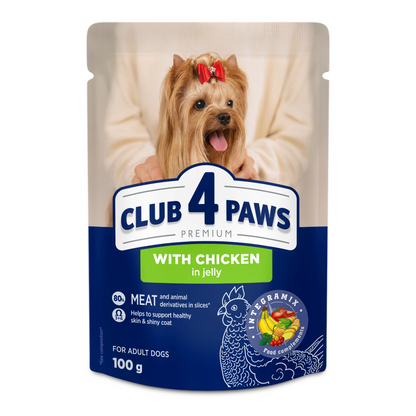 CLUB 4 PAWS Premium konservuotas ėdalas suaugusiems šunims su vištiena drebučiuose 24x100 gr