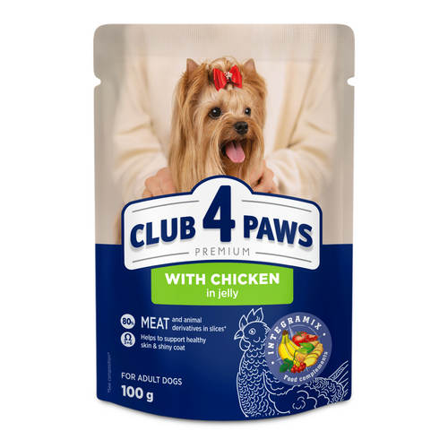 CLUB 4 PAWS Premium konservuotas ėdalas suaugusiems šunims su vištiena drebučiuose 24x100 gr