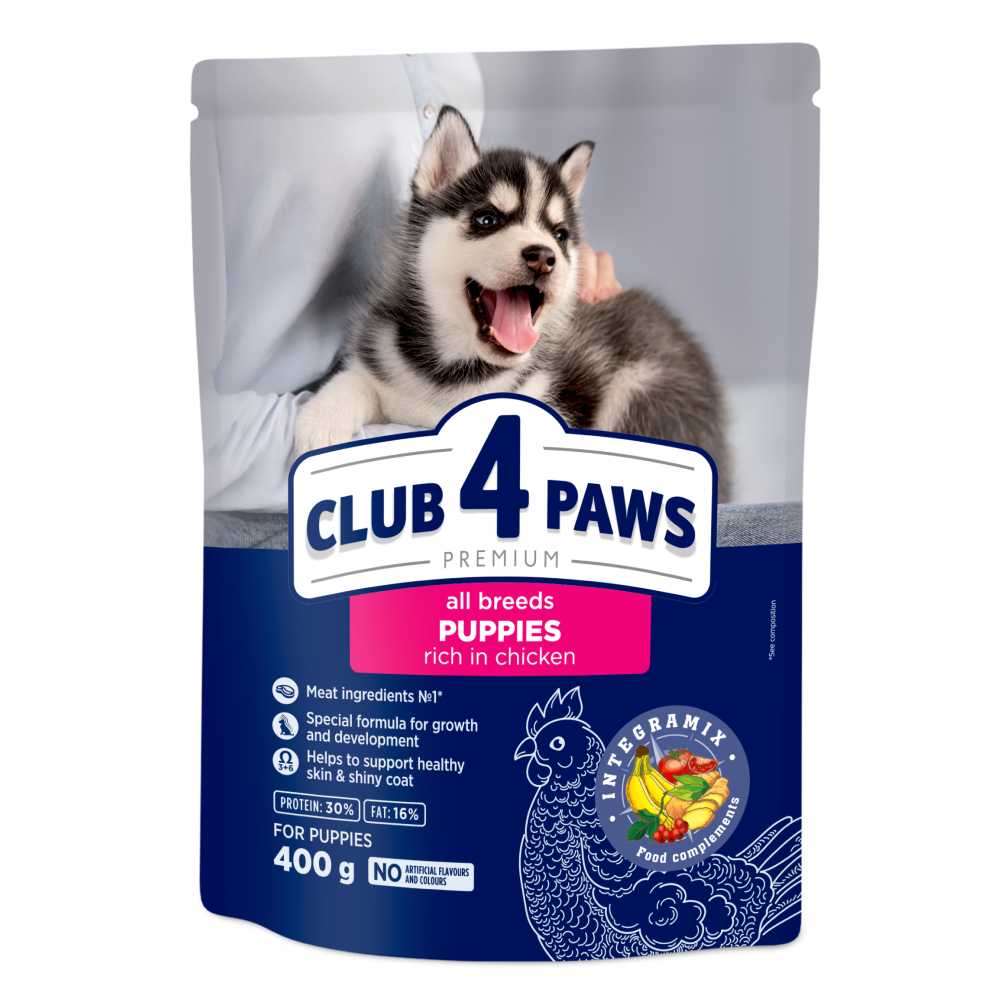 CLUB 4 PAWS Premium sausas pašaras visų veislių šuniukams su dideliu kiekiu vištienos 400g