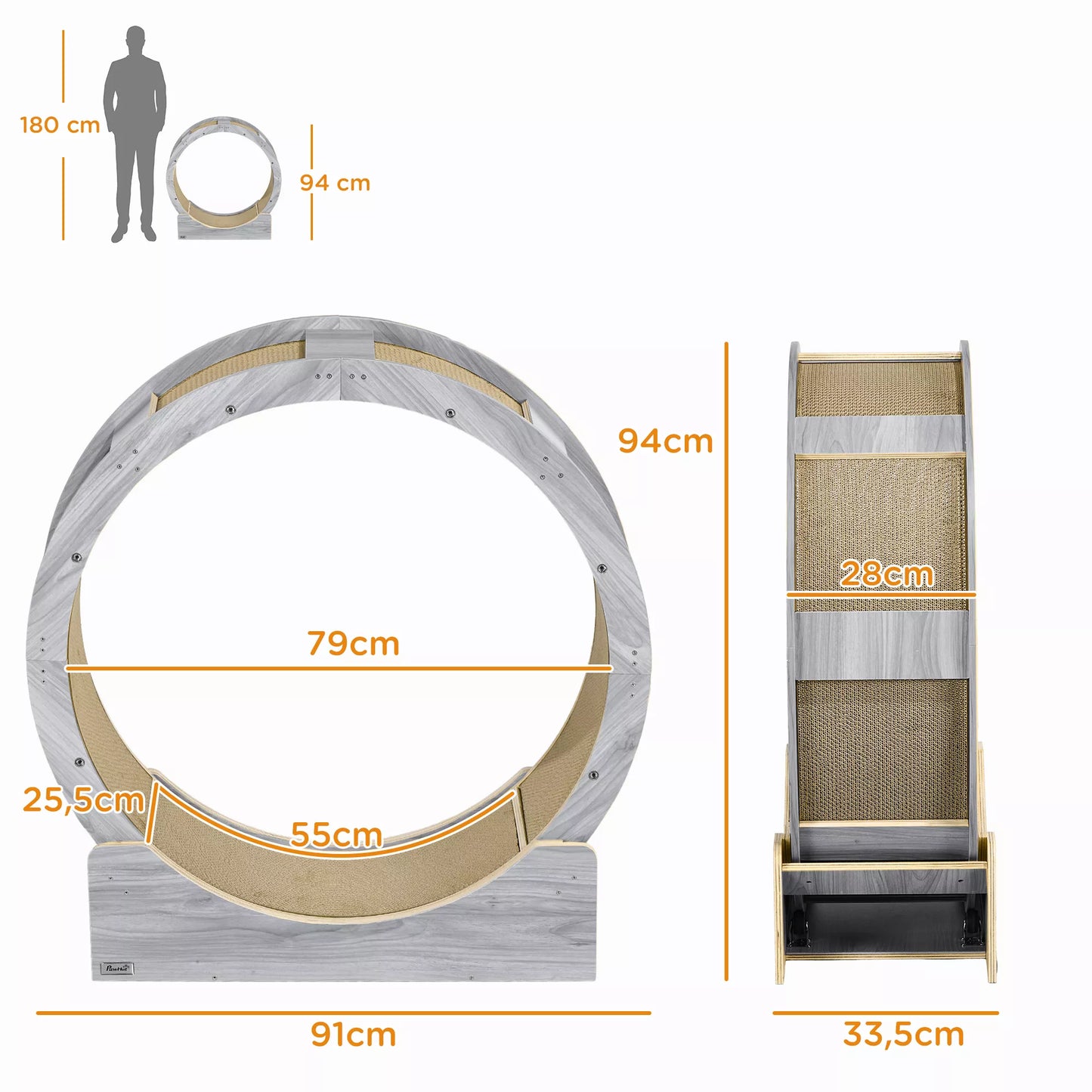 Kaķa skriešanas ritenis, 91 cm, ar bremzi un skrāpēšanas stabu, veselīgai kustībai, valrieksta krāsā