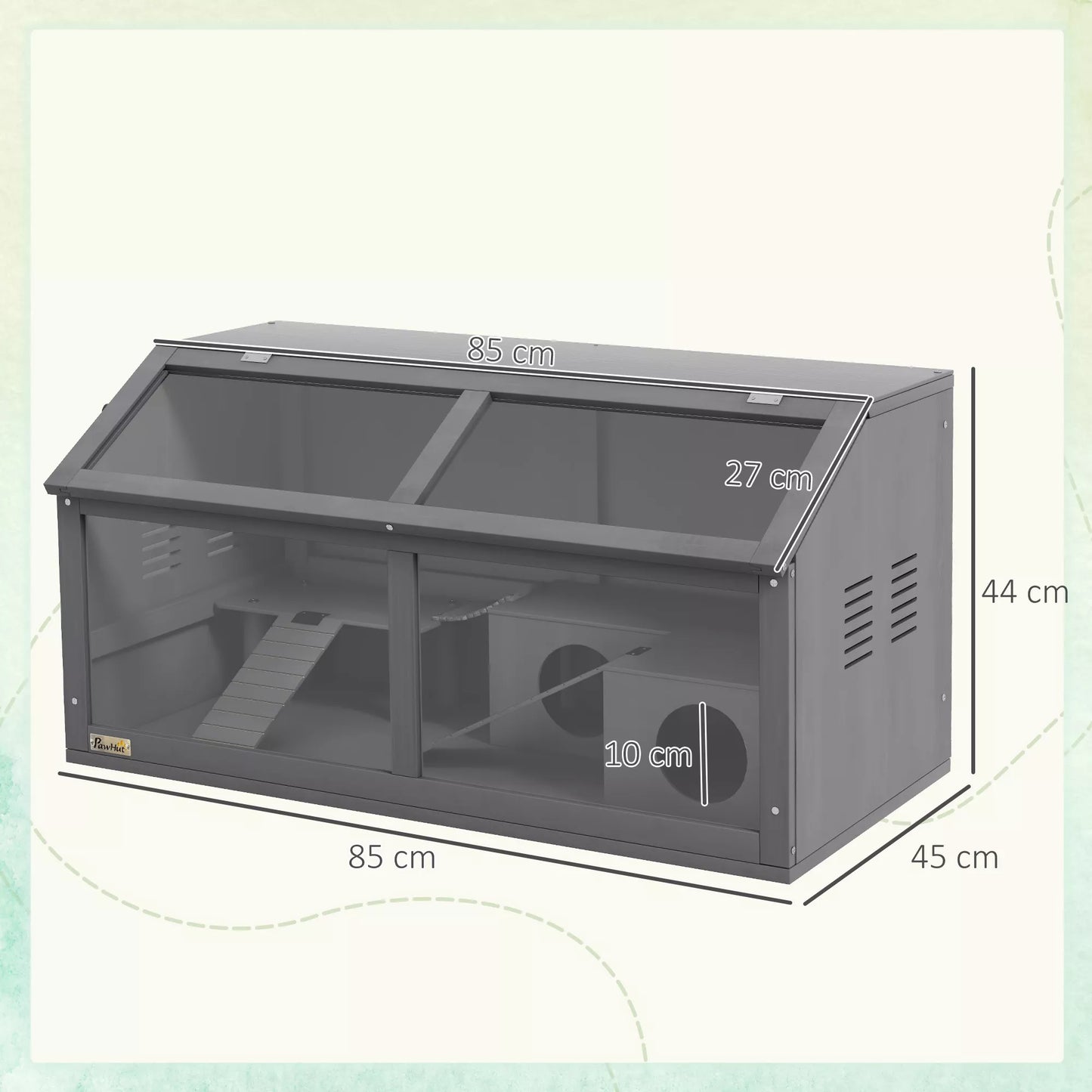 Kāmju būris, koka mazo dzīvnieku būris, piekaramais tilts, pakāpieni, mājiņa, 84 x 45 x 44 cm, maziem kāmīšiem, pelēks
