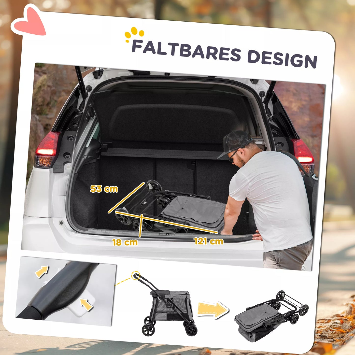 Suņu ratiņi, salokāmi, līdz 20 kg, 3 sānu kabatas, 102 cm x 62 cm x 105 cm, pelēki.