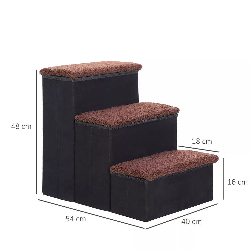 Sulankstomi gyvūnų laipteliai 3 pakopų, su daiktadėže katėms ir šunims, juodos spalvos MDF, 40 x 54 x 48 cm