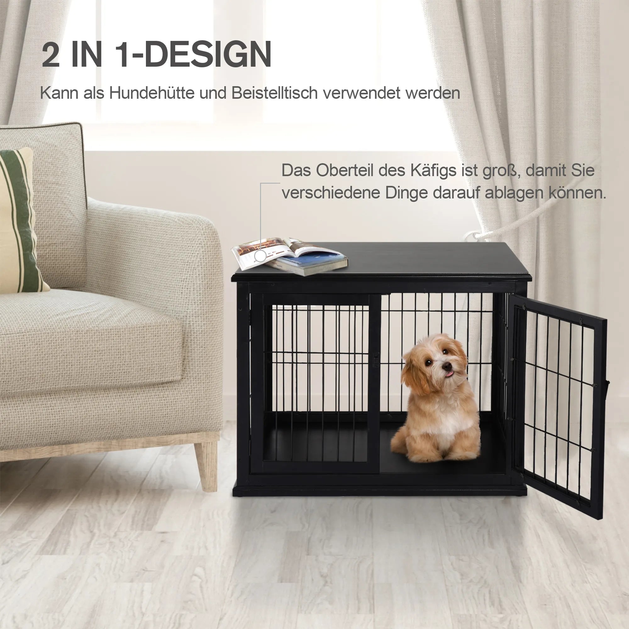 Suņu transportēšanas kaste 58,5 cm x 81 cm x 66 cm ar durvīm, MDF koks un dzelzs, 58,5 cm x 81 cm x 66 cm, melna