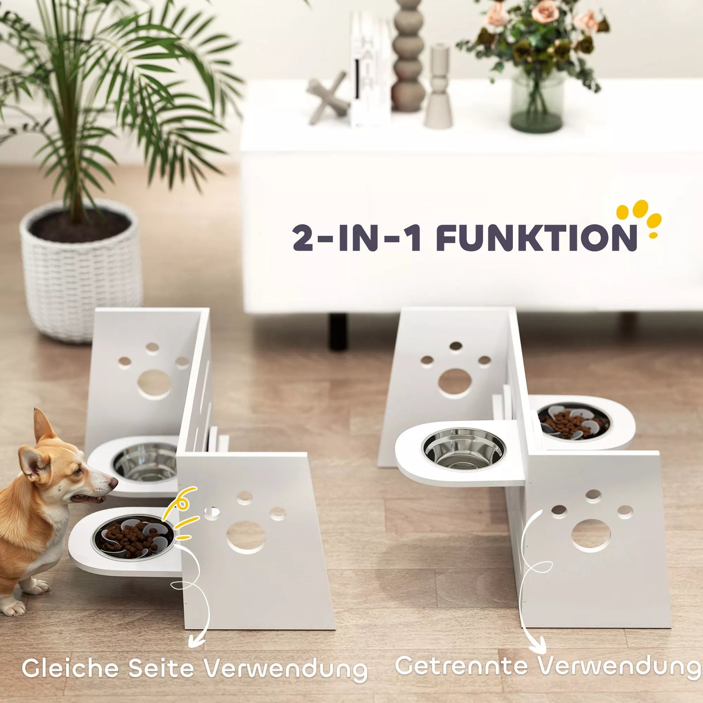 Stovas maistui šunims, reguliuojami dubenėliai su atskiru dizainu, 2 nerūdijančio plieno dubenėliai, kilimėlis nuo greito ėdalo, Baltas