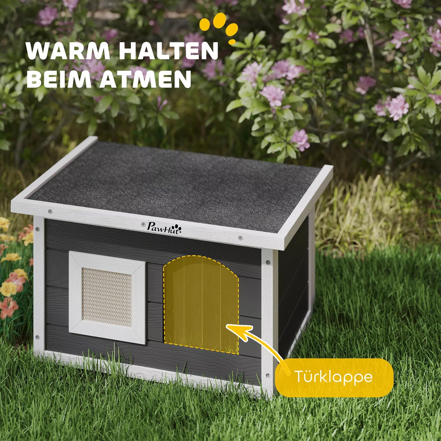 Kaķu māja, slēptuve kaķiem un trušiem, koka māja ar skrāpējamo stabu, durvis, 61 x 45 x 36,5 cm, pelēka