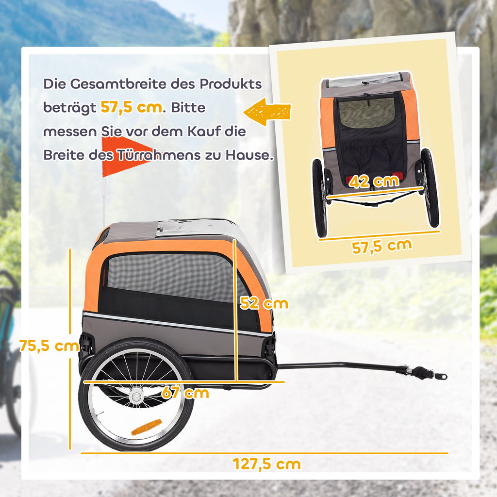 Dviračio priekaba šunims iki 20 kg, sulankstoma, su atšvaitais ir vėliavėle, 127,5x57,5x75,5 cm, oranžinė