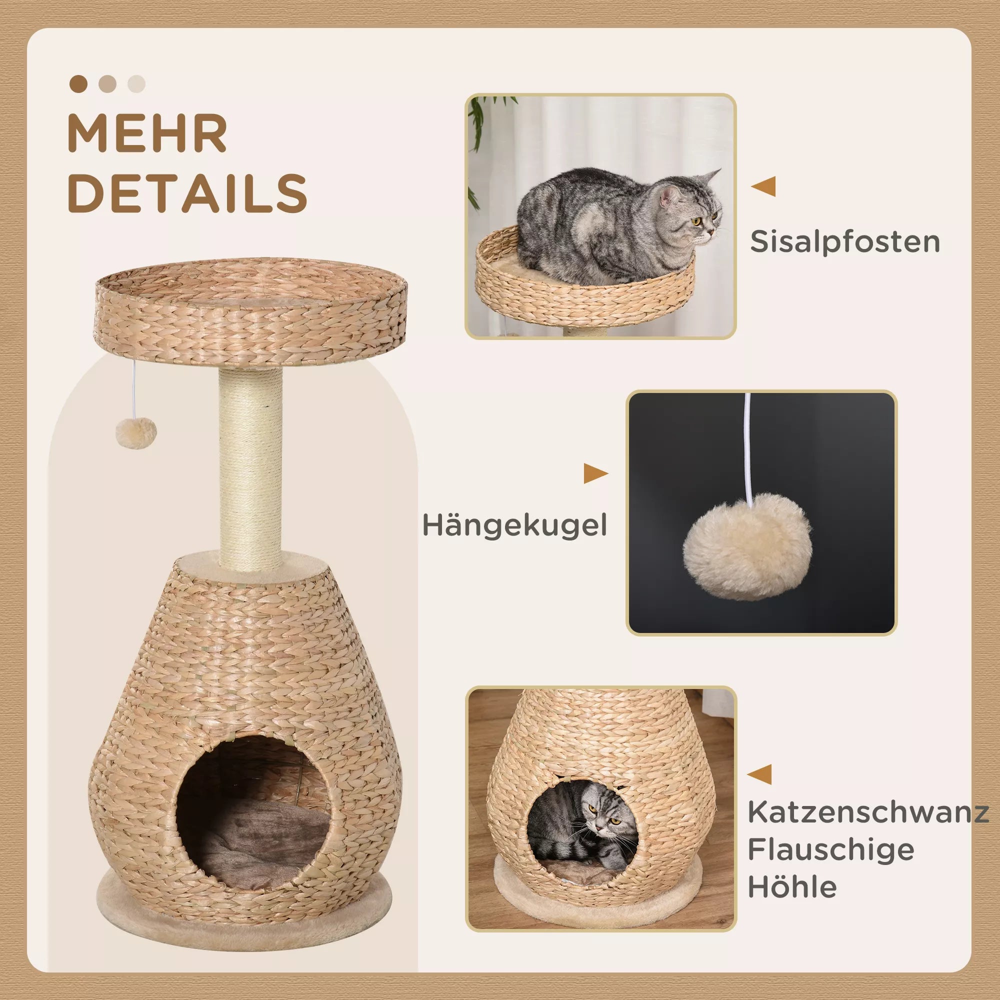 Kaķu koks, kaķu skrāpēšanas stabs, mēbele ar kaķu alu, bumbiņu rotaļlieta, sizala audums, mīksts plīšs, augstums 82,5 cm, dzeltens