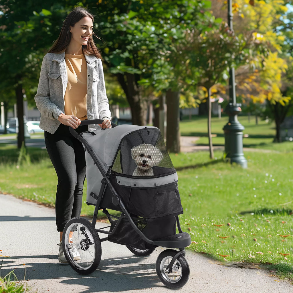 Suņu ratiņi, mājdzīvnieku ratiņi maziem suņiem un kaķiem, ar uzglabāšanas grozu, saliekami ar vienu klikšķi, pelēki