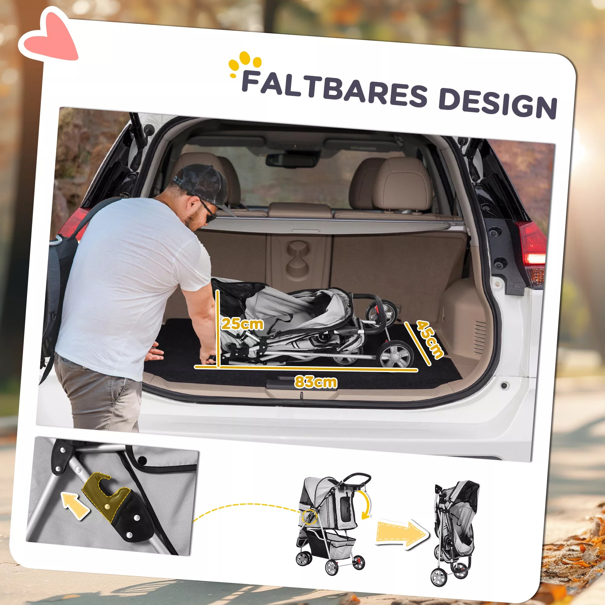 Suņu ratiņi līdz 10 kg, saliekami, ar apakšējo grozu, 2 krūzīšu turētājiem, regulējamu jumtiņu, pelēki