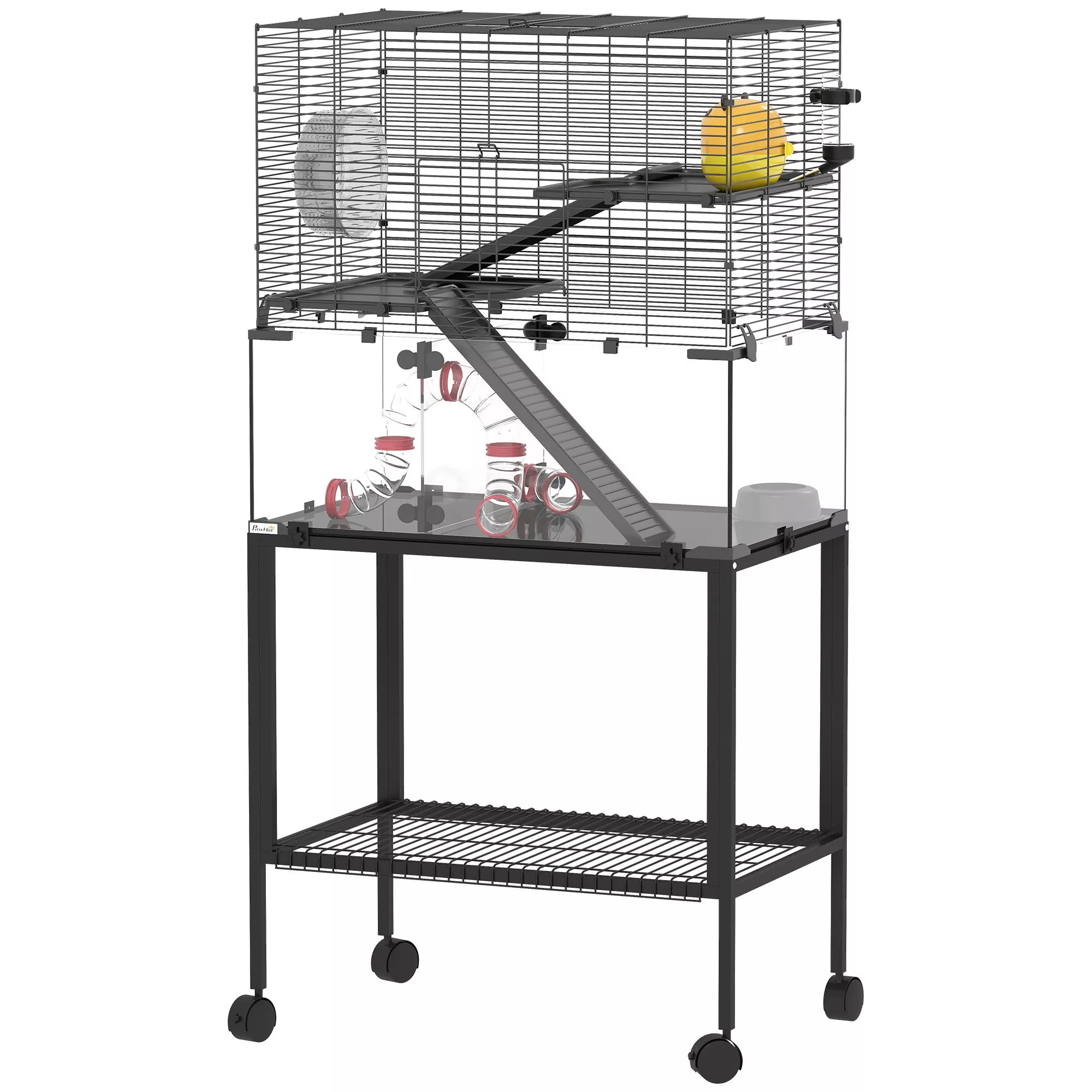 Hamsterio narvelis, 3 aukštų narvelis smulkiesiems gyvūnams, bėgimo ratas, namelis, platformos, rampos, pašaro dubuo, vandens butelis, priedai, plienas, plastikas, juoda spalva