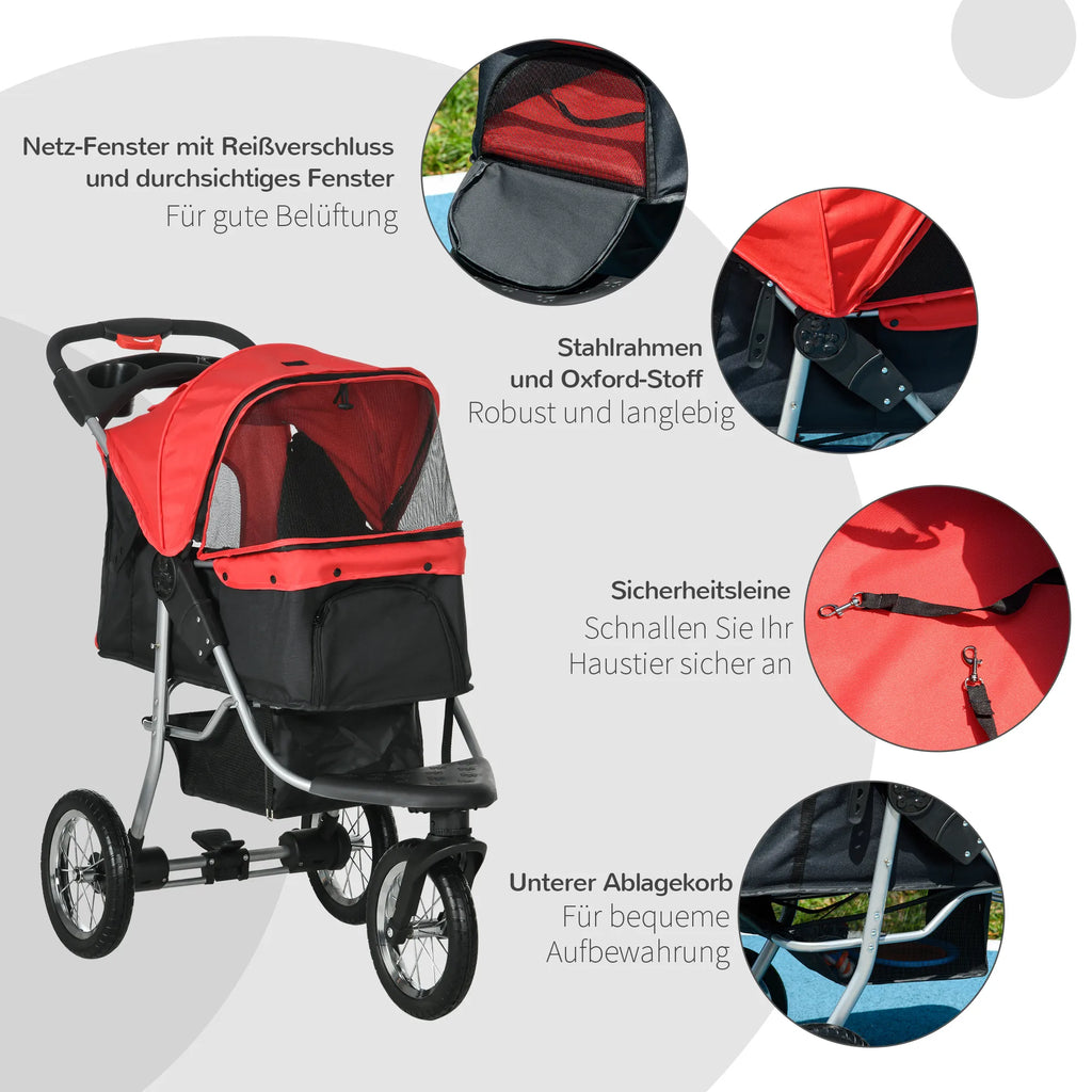 Suņu ratiņi ar 3 riteņiem, salokāmi līdz 10 kg, Oxford Red+Black, 109,5 x 54,5 x 106,5 cm