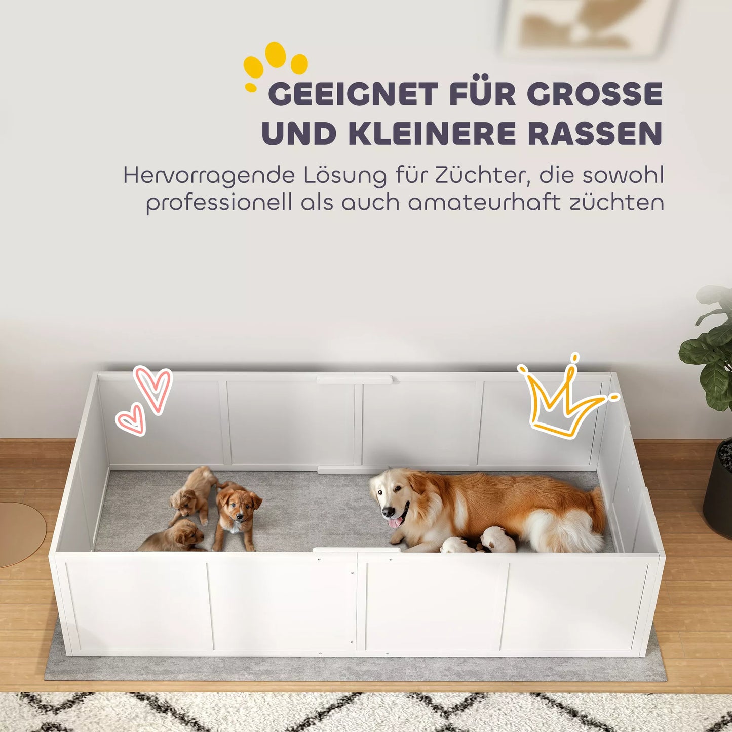 Suņu audzēšanas būris suņiem un kucēniem, ar regulējamām ieejām, lieliem un maziem suņiem, 196 x 96 x 48 cm, balts