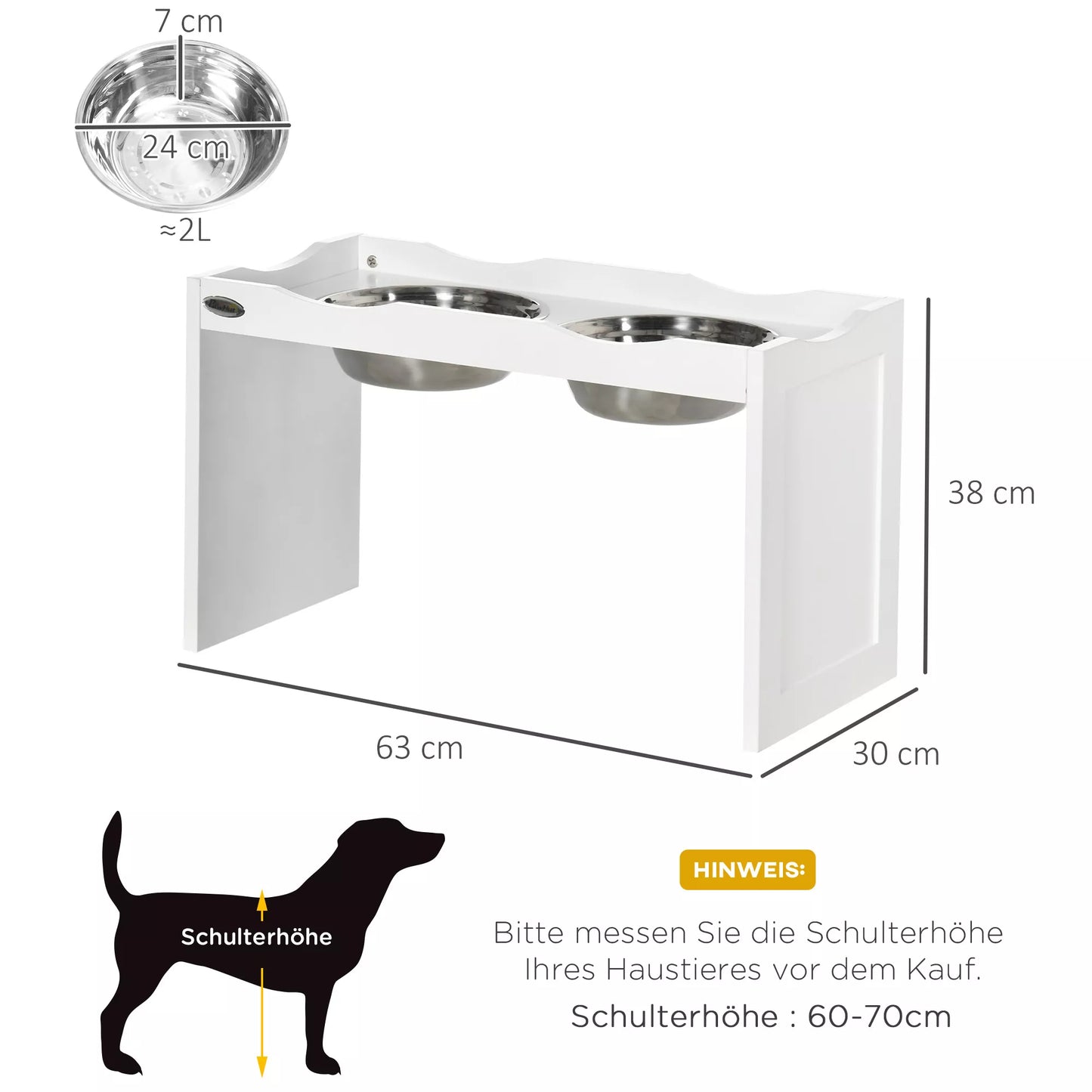 Maitinimo stotelė, stovas dubenėliams, 2 maitinimo dubenėliai po 2 litrus, nerūdijantis plienas, dideliems šunims, balta spalva, 63 x 30 x 24 cm