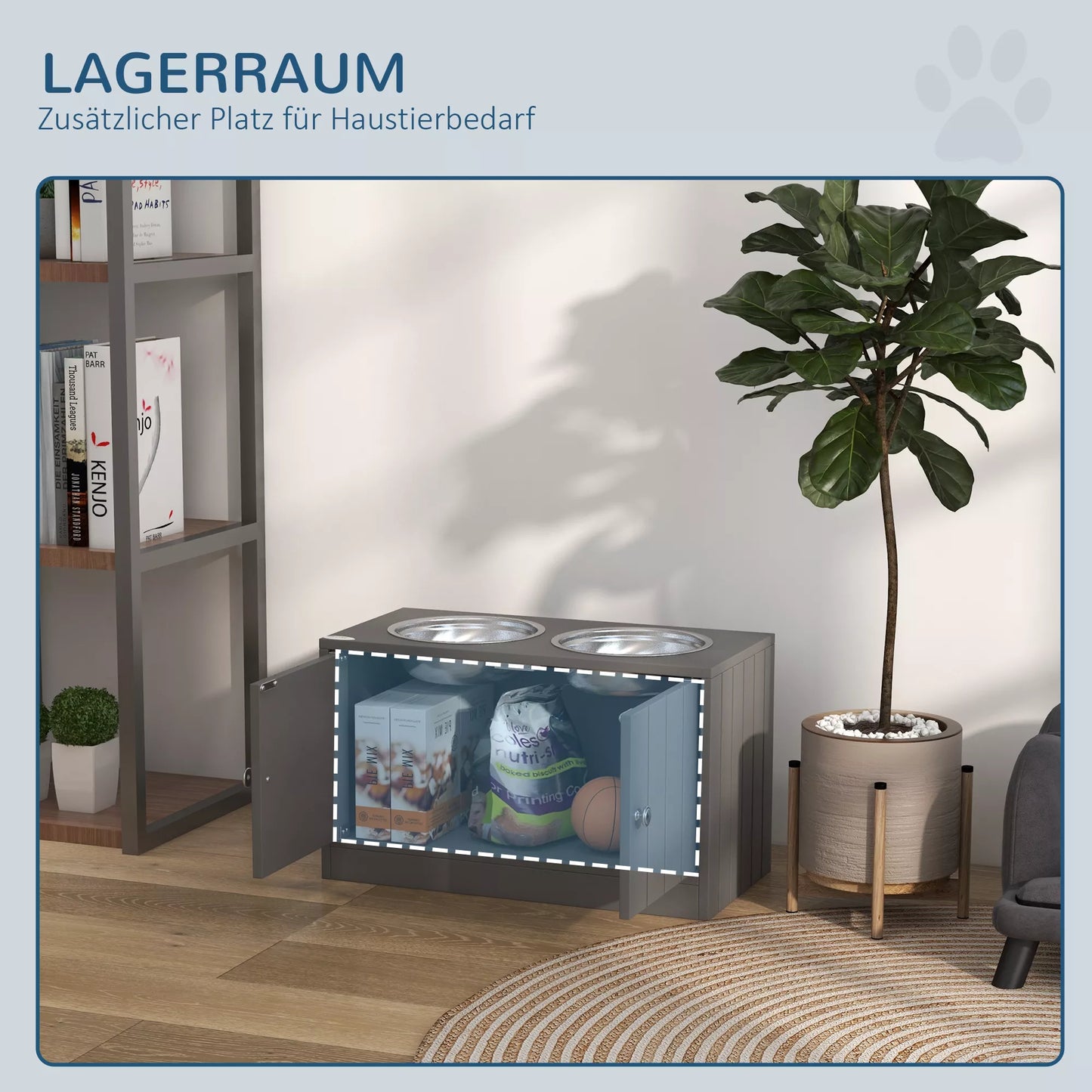 Pacelts barotava ar 2 nerūsējošā tērauda bļodām un 44 litru uzglabāšanas vietu, magnētiskām durvīm, lieliem suņiem, pelēka