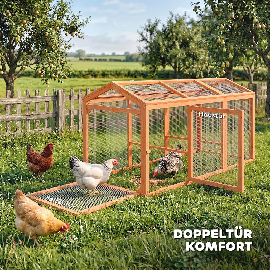 Lauko aptvaras vištoms 156x70,5x84 cm, medinis, su lakta ir dvejomis durimis, 4 vištoms, oranžinis