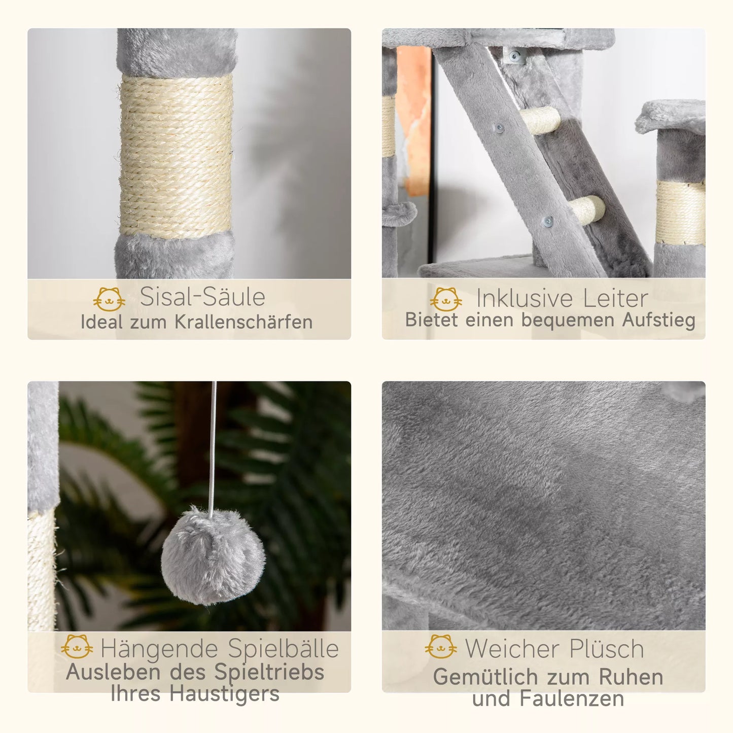 Kaķu skrāpējamais stabs 240–260 cm, griestu augstums, liels skrāpējamais stabs, kaķu kāpšanas koks, liels kaķu skrāpējamais stabs ar sizala virvi, gaiši pelēks