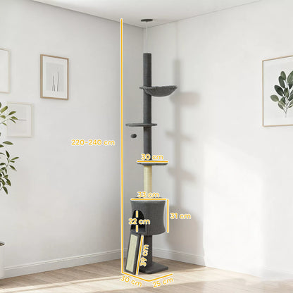 Cat tree, cave, hammock, adjustable height, scratching post with fabric cover, gray