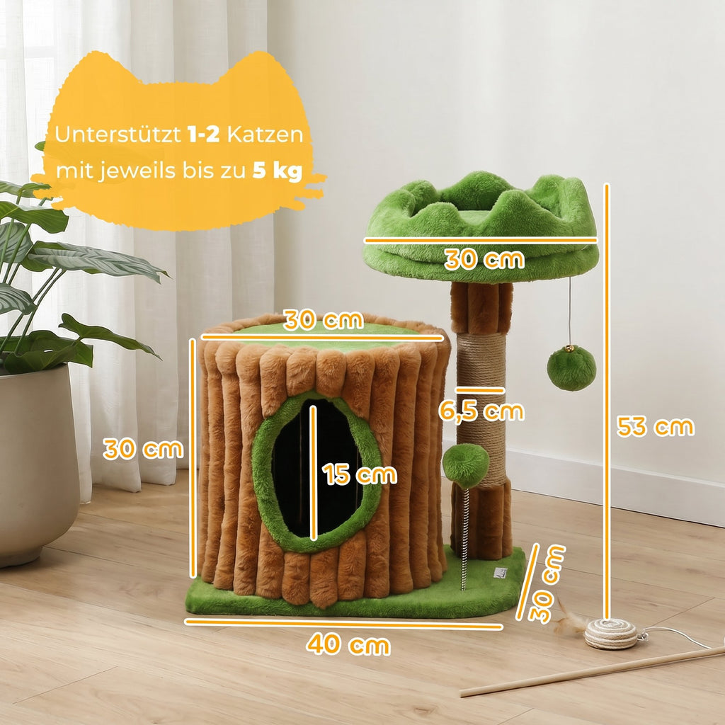 Draskyklė 53 cm medžio formos su nameliu, guoliu ir 2 kamuoliukais, 1–2 katėms iki 5 kg, ruda su žalia