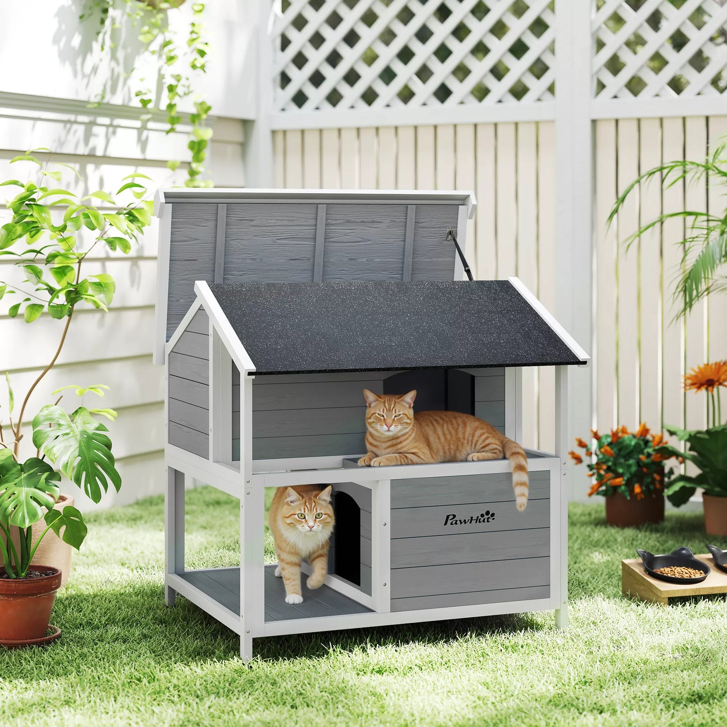 Outdoor cat house, outdoor shelter, waterproof, opening roof, fir wood, 80 x 93 x 95, gray