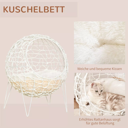 PawHut Rotango katės lova/namelis su pagalvėle, paaukštintas dizainas, augintinio lova, kreminės baltos spalvos, Ø45 x 57A cm