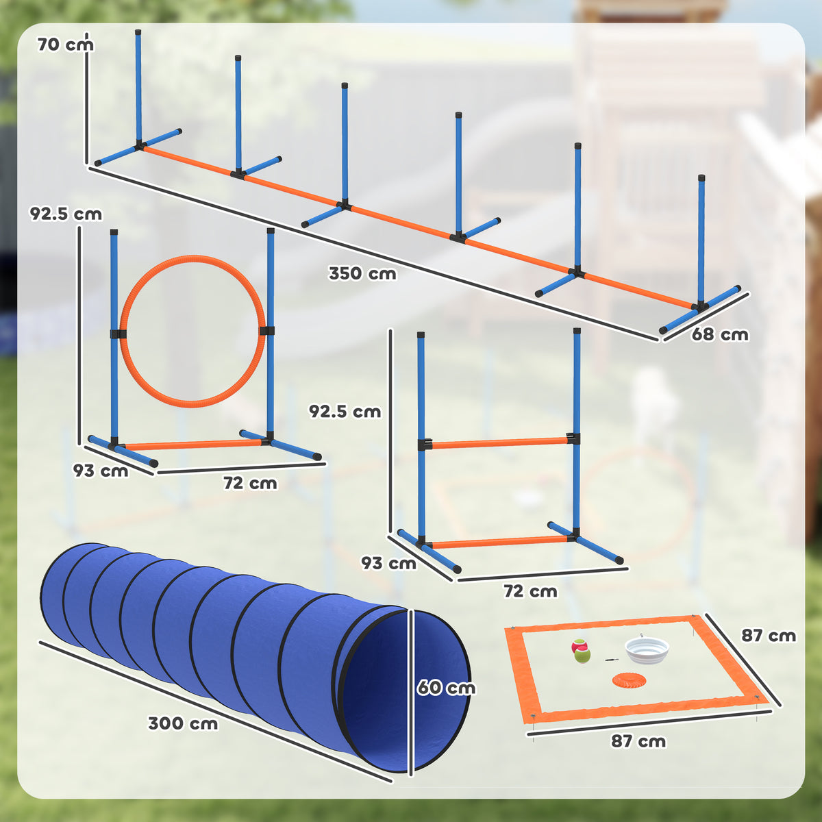 Agility rinkinys šunims, 8 dalių, su tuneliu, slalomo stulpais, reguliuojamais barjerais ir šuolių lanku, oranžinis