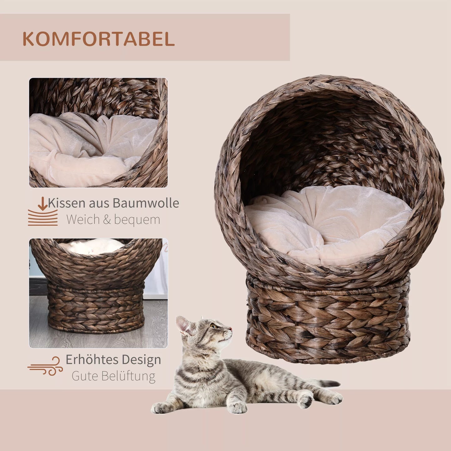 Water hyacinth cat bed with cushion, cat bed, pet bed, 50 cm x 42 cm x 60 cm, Brown + Beige