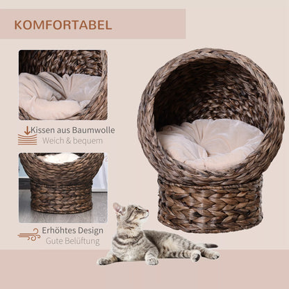 Water hyacinth cat bed with cushion, cat bed, pet bed, 50 cm x 42 cm x 60 cm, Brown + Beige