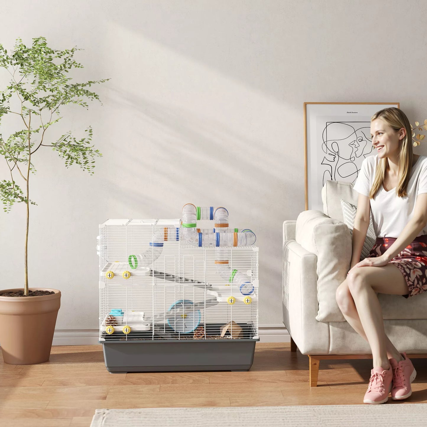 Nykštukinių žiurkėnų narvas, 4 lygiai, tunelių sistema, būdelė, aksesuarai, viršutinis atidarymas, 78 x 45 x 73 cm, Pilkas