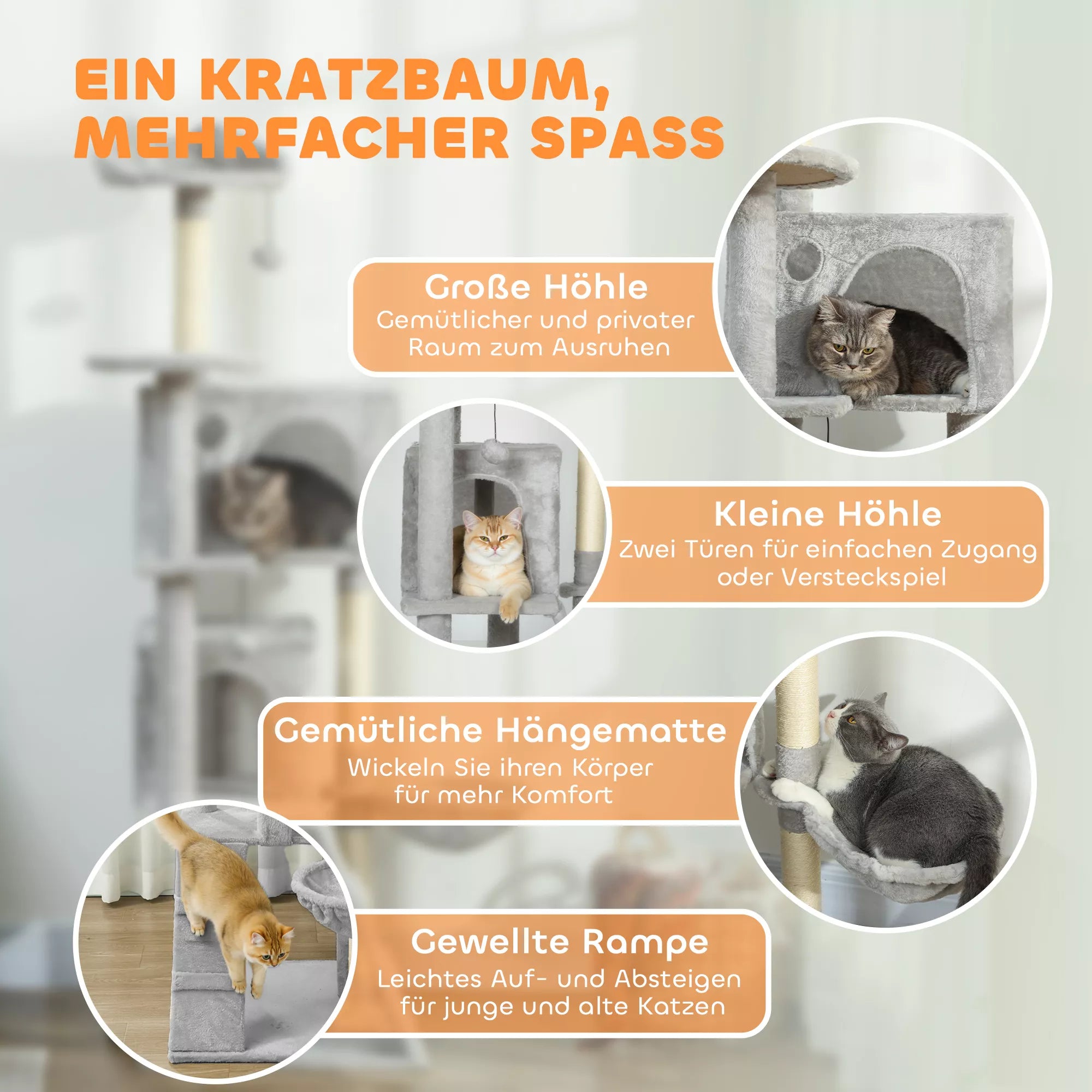 160 cm kaķu skrāpējamais stabs, vairāki līmeņi, sizala skrāpējamie stabi, alas, plīša platformas, šūpuļtīkls, pakāpieni, rotaļu bumbiņas