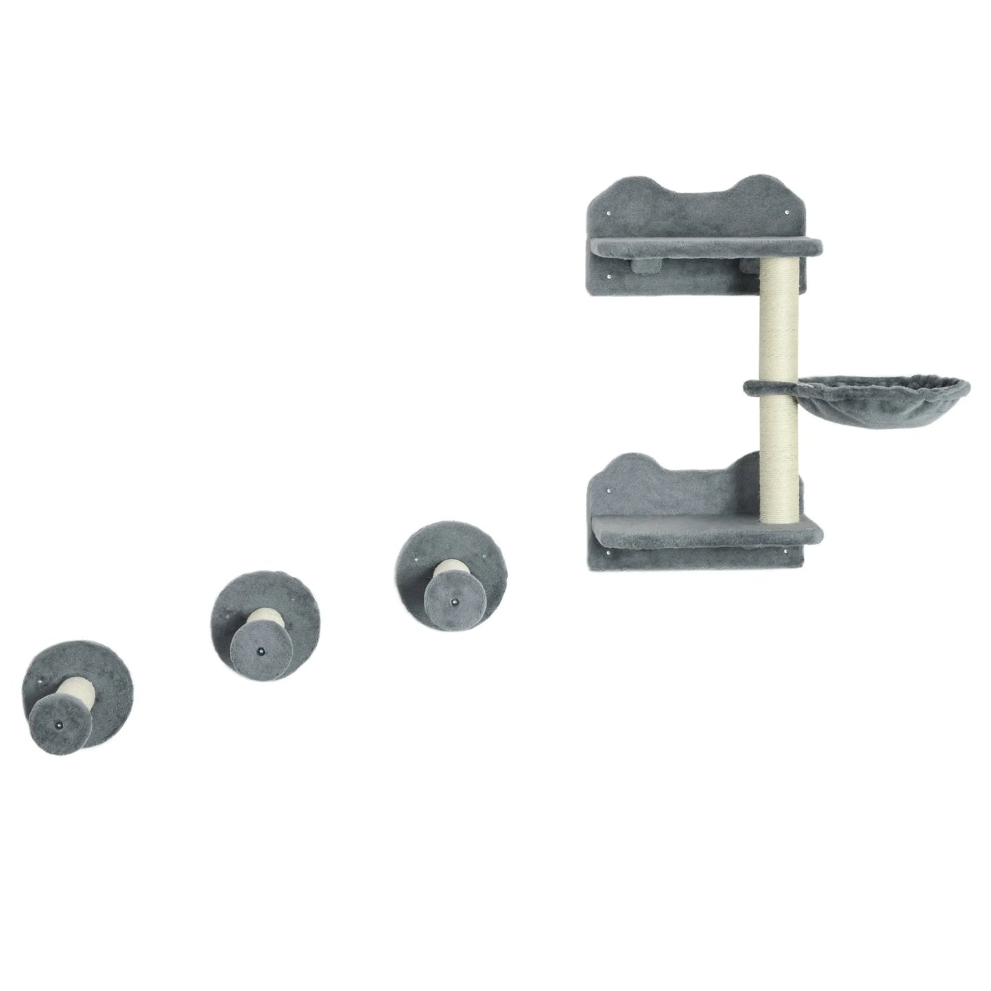 Kopimo laipteliai, laipiojimo siena, katės laipteliai, 4 dalių komplektas, su draskykle, hamaku, pilka+kremas-balta, 40 x 28 x 73cm