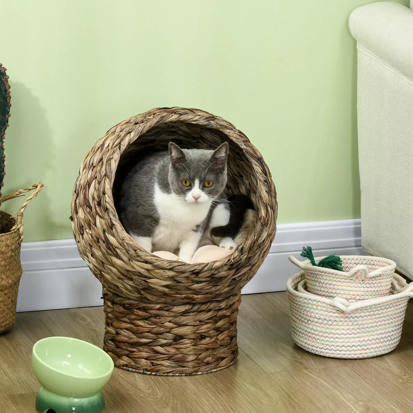Rattan cat basket, cave, house, bed with cushion, pet bed, water hyacinth, coffee, 40 x 37 x 51 cm