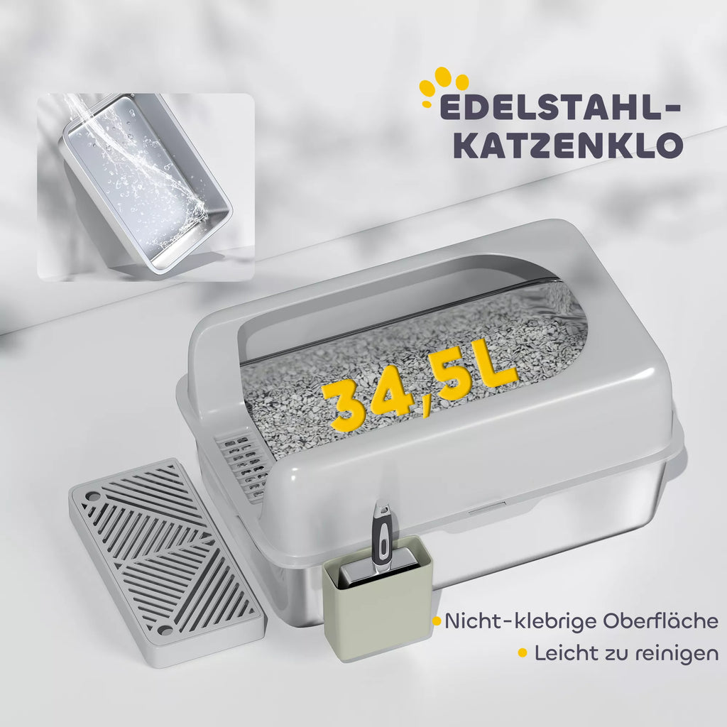 Kaķu pakaišu kaste, nerūsējošā tērauda, ​​augstas sienas, uzglabāšanas kaste, gaiši pelēka