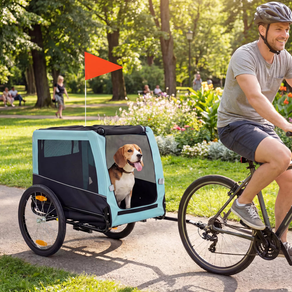 Salokāma suņu velosipēda piekabe ar atstarotājiem un pavadiņu, vidējiem suņiem līdz 20 kg, 143 x 70 x 90 cm, gaiši zila