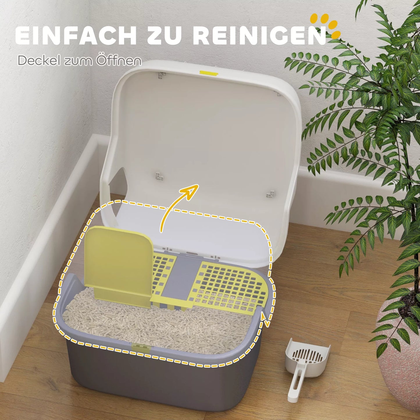 Kaķu tualete, kaķu kaste ar vāku un kausiņu, viegli tīrāma, aizslēdzama, balta