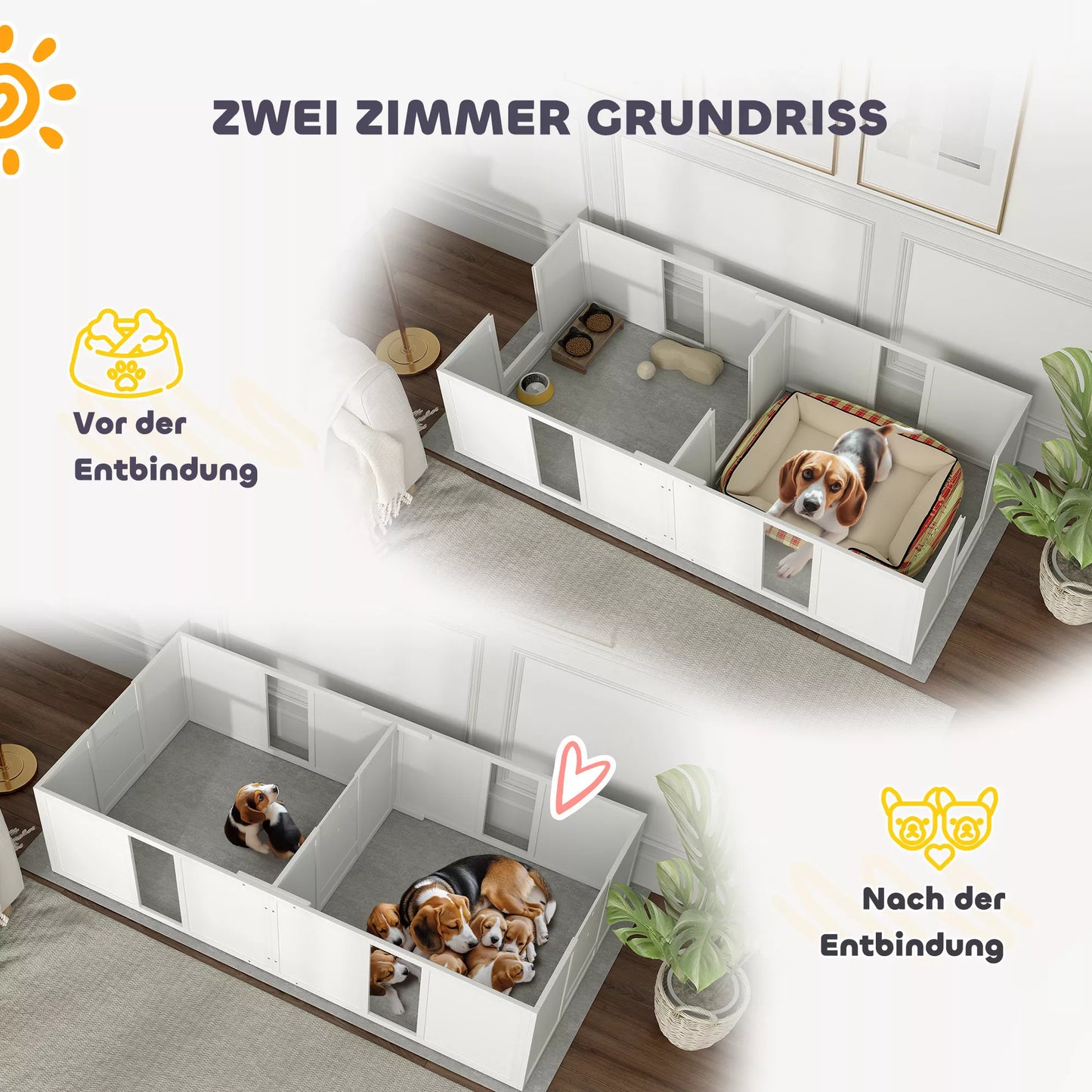 PawHut Veisimo dėžė šuniukams, dalijama į 2 skyrius, su akriliniu langeliu, 196 x 96 x 48 cm, balta