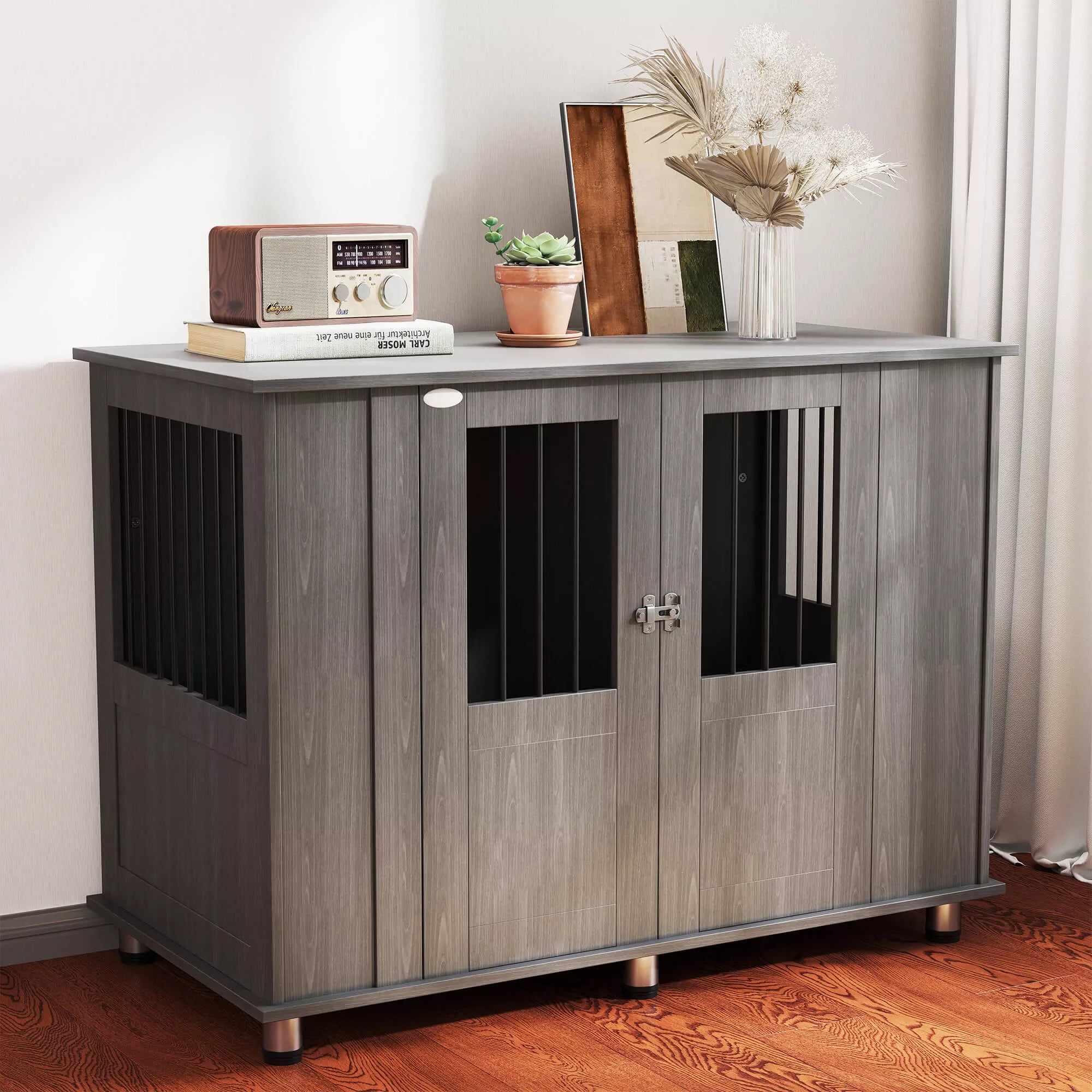 Šunų narvas / dėžė, 2 durys, su užraktu, 116 cm x 60 cm x 87 cm, Pilkas