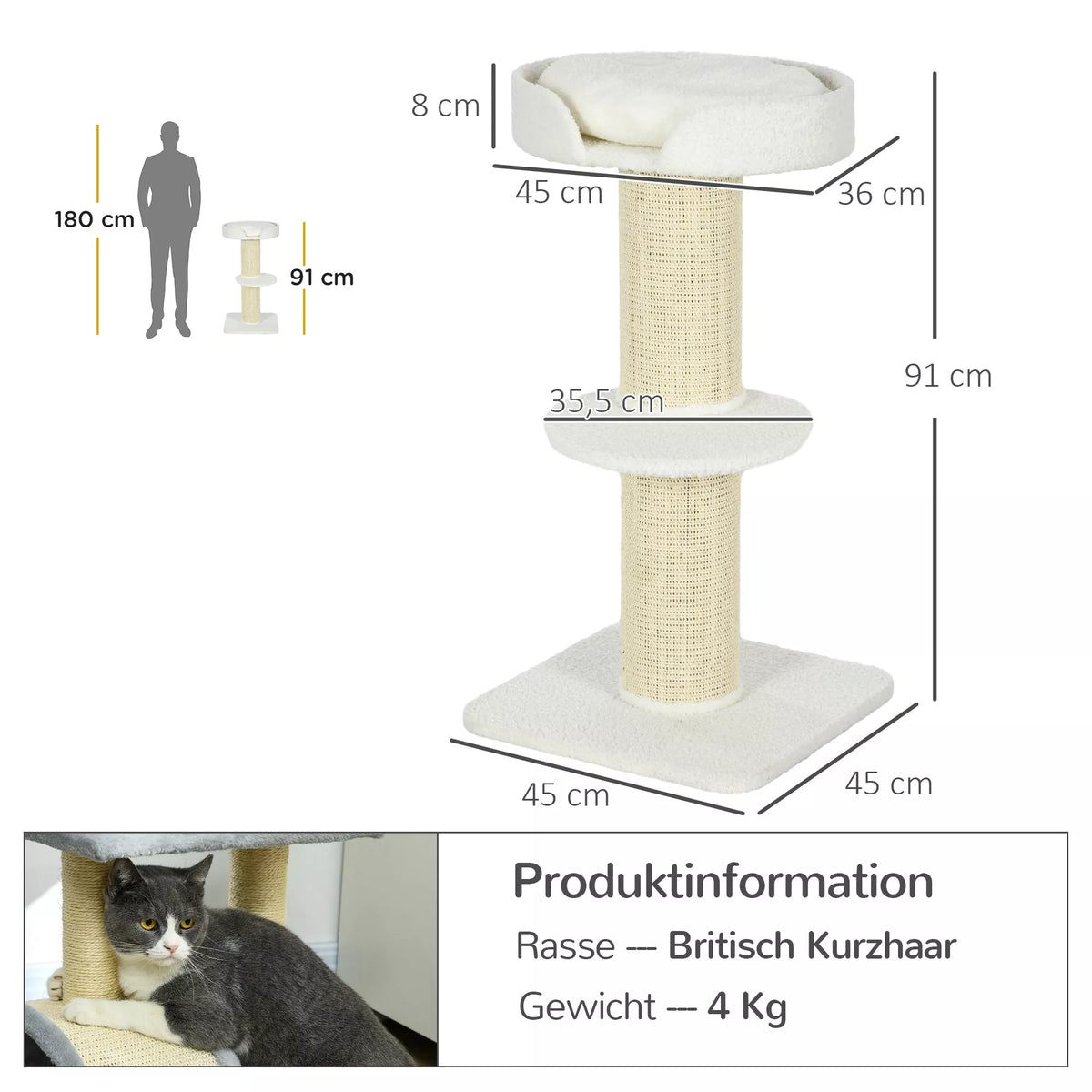 Kaķu skrāpis 91 cm ar guļvietu un platformu, klāts ar mākslīgo jēra vilnu, krēmkrāsas