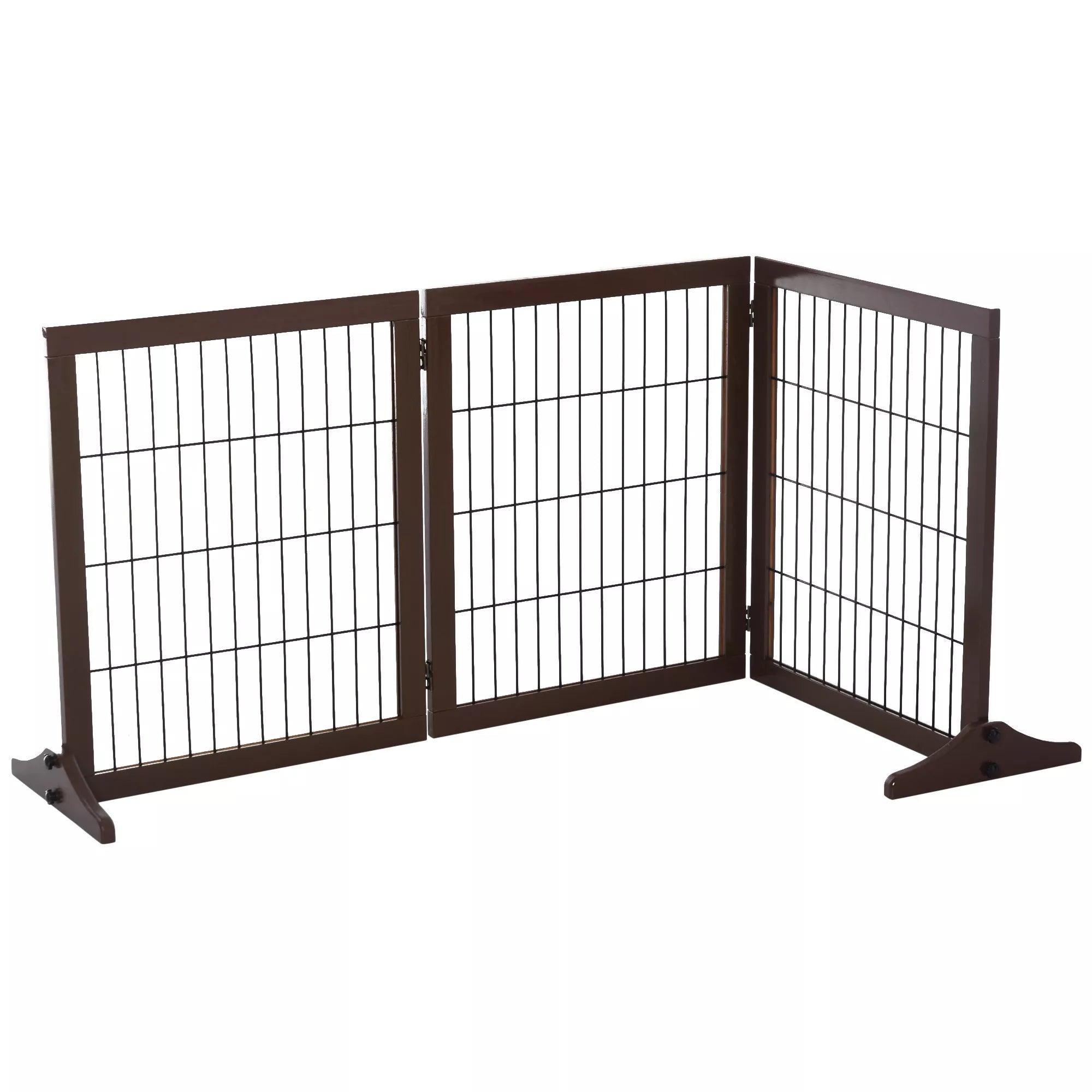 Suņu barjeras / Brīvi stāvošs drošības žogs ar kājām 185 x 71 cm koka suņu žogs, kāpņu aizsargs, kāpņu barjera, suņu barjera kāpnēm, durvīm, virtuvei, koridoram, 3 paneļi, brūns