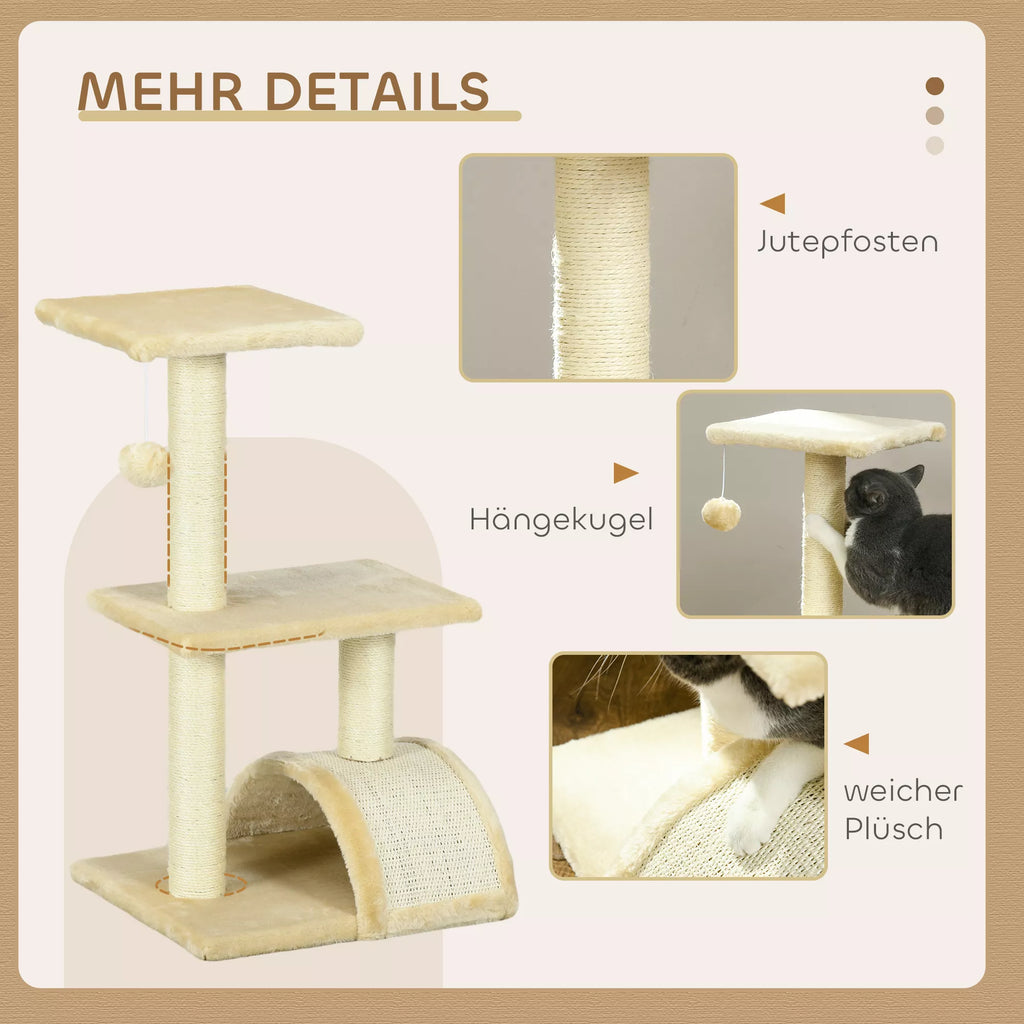Kačių medis 72 cm, kačių bokštas su pliušiniais kamuoliukais, sizaliniais stulpeliais, platforma, draskykle, kreminės baltos spalvos