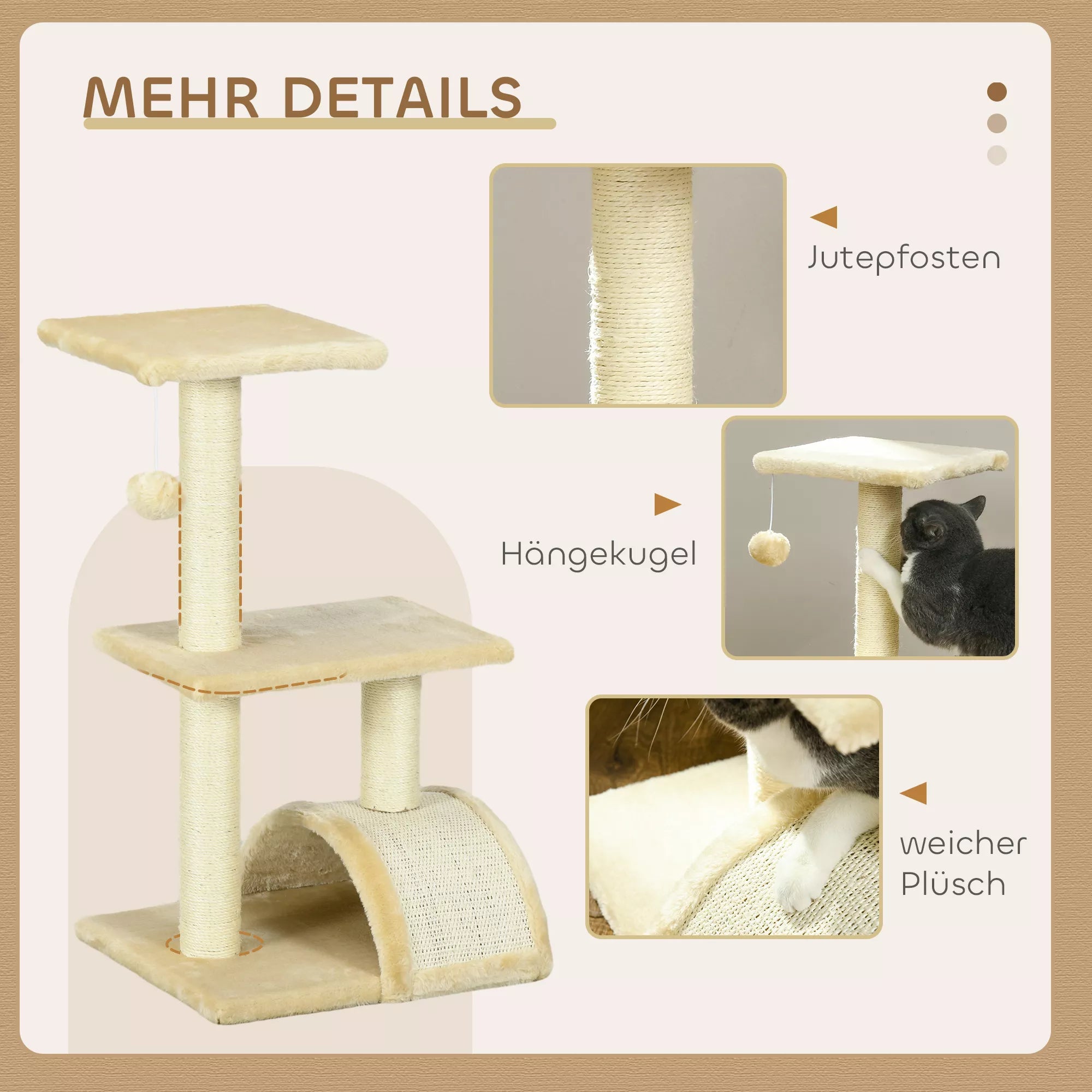 Kačių medis 72 cm, kačių bokštas su pliušiniais kamuoliukais, sizaliniais stulpeliais, platforma, draskykle, kreminės baltos spalvos