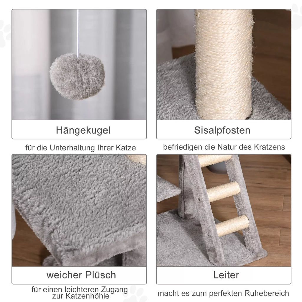 Kačių medis 120 cm, Kačių bokštas su urveliu, žaisliniu kamuoliuku, sizaliniais stiebais, platforma, laipteliais, daugiaaukštis kačių draskytuvas, laipiojimo medis katėms, šviesiai pilkas