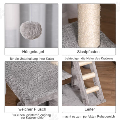 Cat tree 120 cm, Cat tower with cave, toy ball, sisal poles, platform, steps, multi-level cat scratching post, climbing tree for cats, light gray