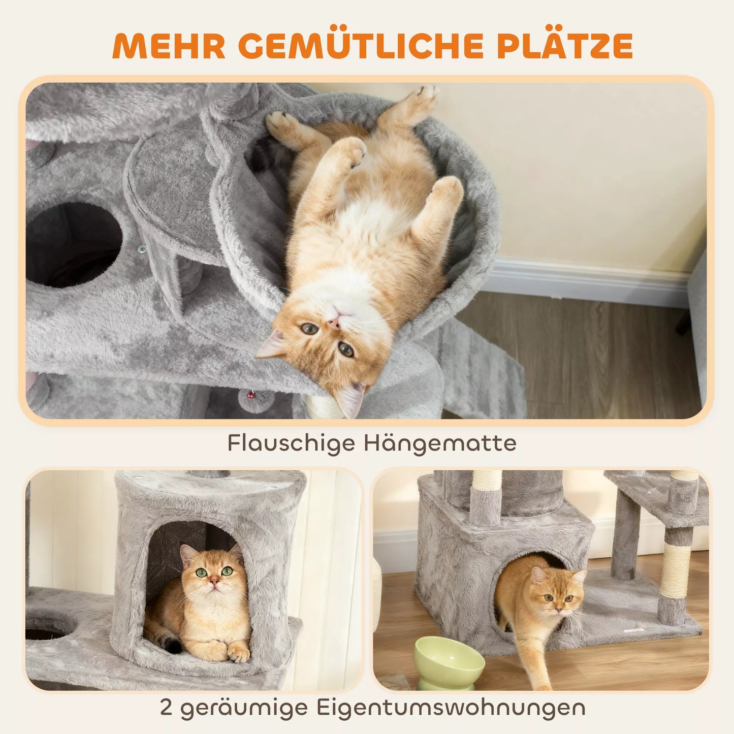 Cat scratching post, 170 cm, with tunnel, niches, large base, sisal posts, light gray