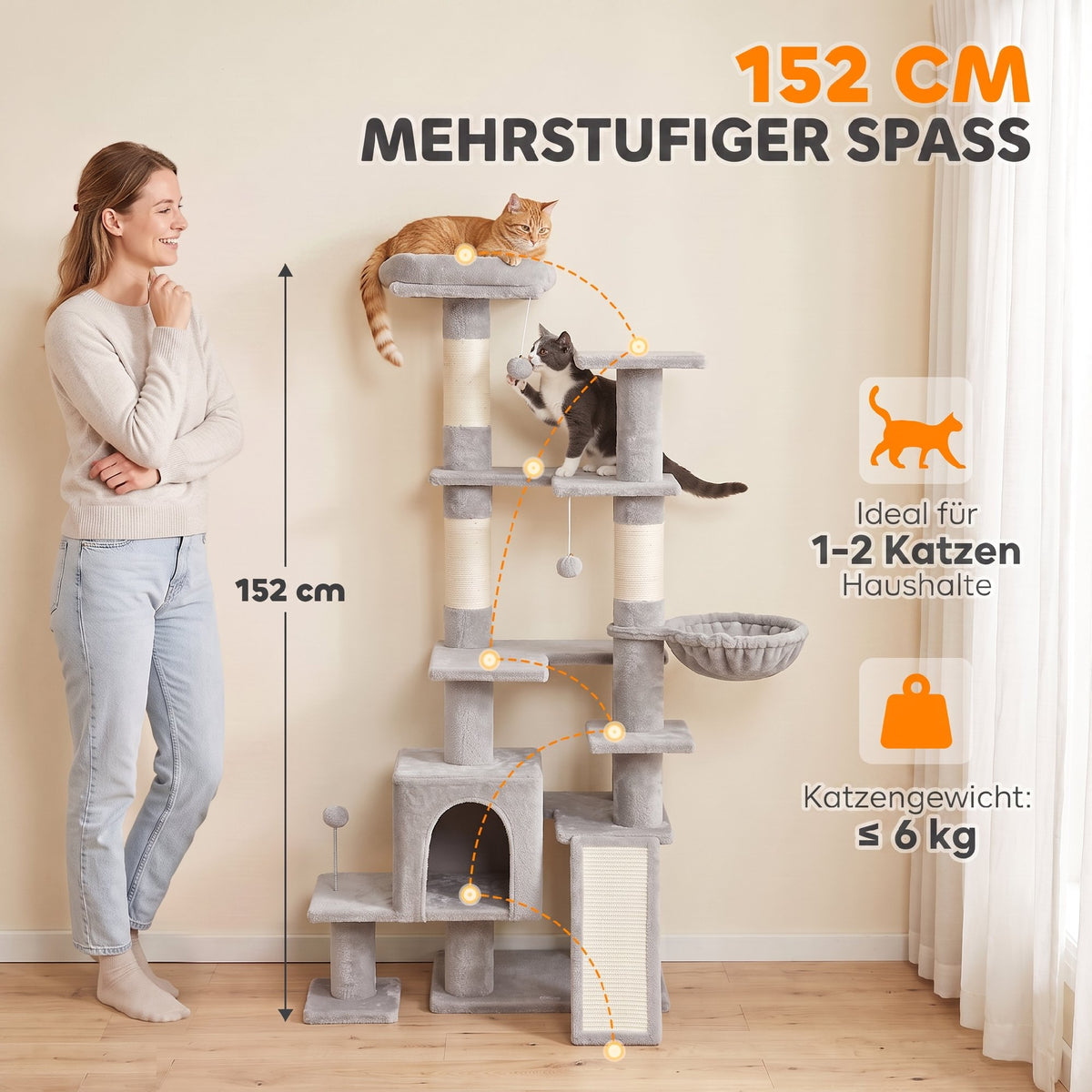 Draskyklė 152 cm su nameliu, hamaku, 3 kamuoliukais ir sizalio stulpais, katėms iki 6 kg, šviesiai pilka