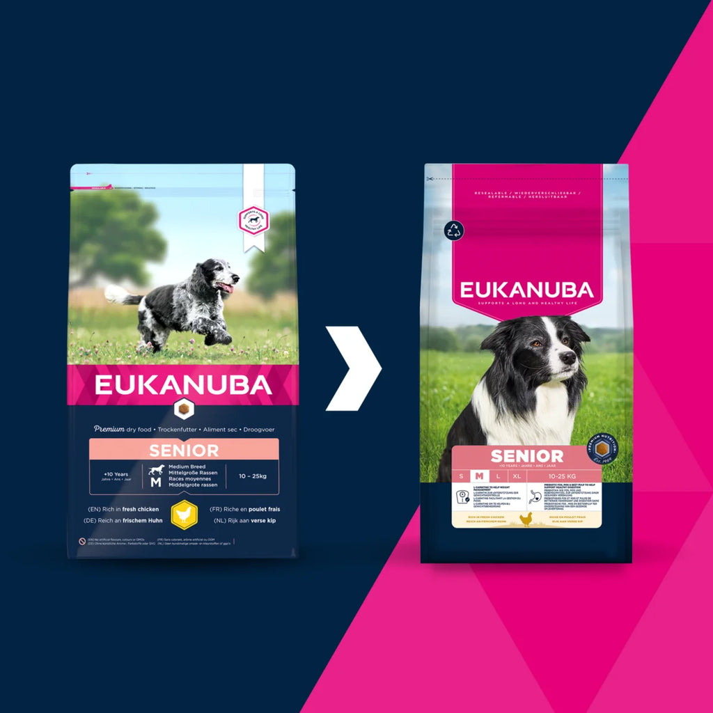 Eukanuba Life Care Senior sausas maistas vidutinių veislių vyresnio amžiaus šunims su vištiena, M, 15 kg nauja pakuotė