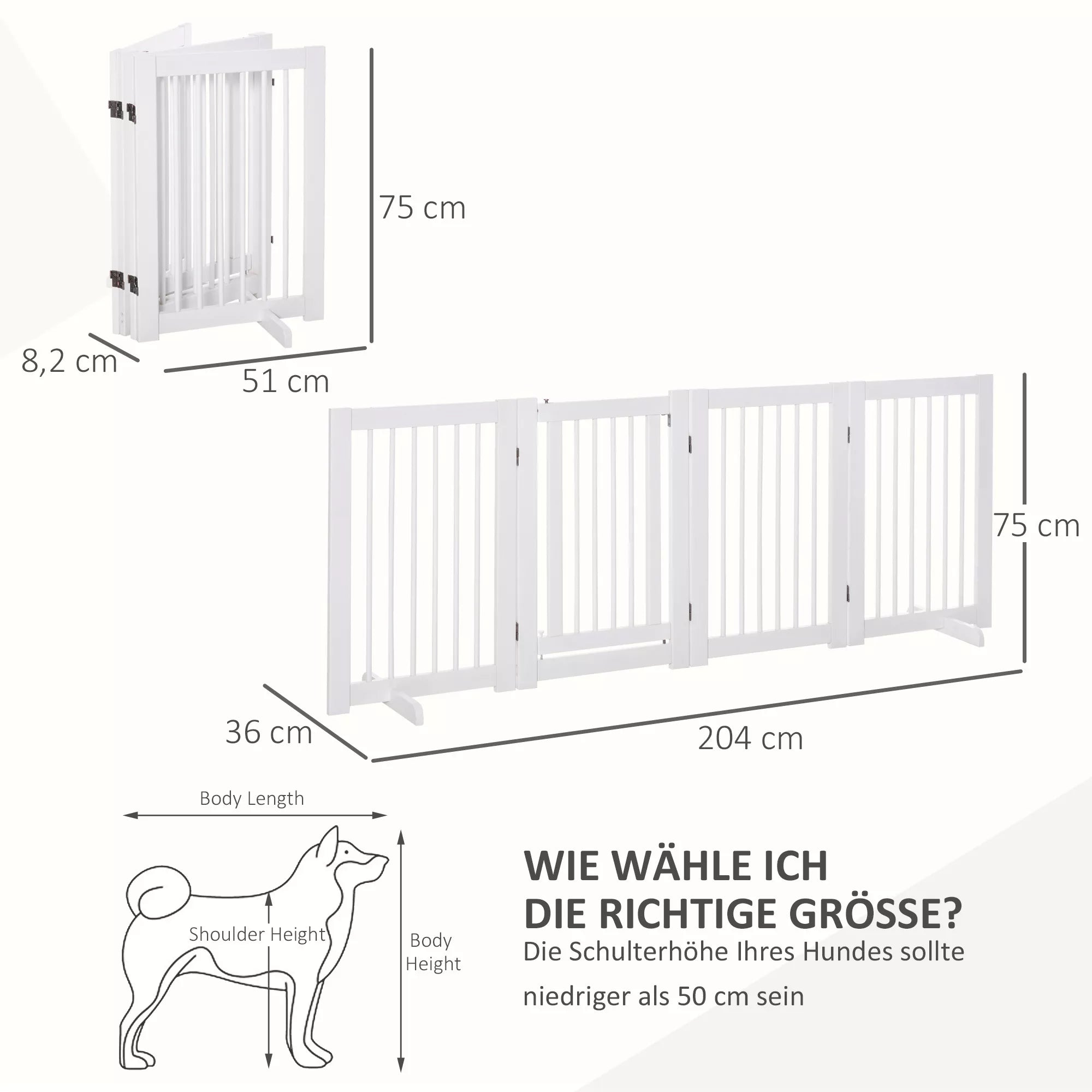 Šunų užtvaras 4 dalių, 204 x 75 cm Sulankstomi apsauginiai varteliai su durelėmis, Laisvai pastatomi šunų varteliai su 2 atraminėmis kojelėmis, Mediniai varteliai laiptams, koridoriui, virtuvei, balti