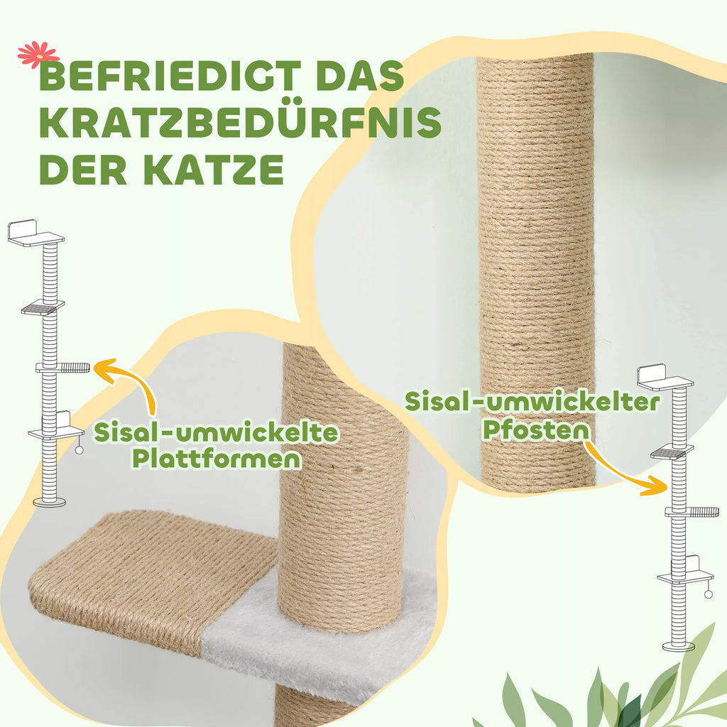 Katės draskyklė, 5 pakopų dizainas, su žaislu, sizaliniai stulpeliai, pliušinis audinys, šviesiai pilka