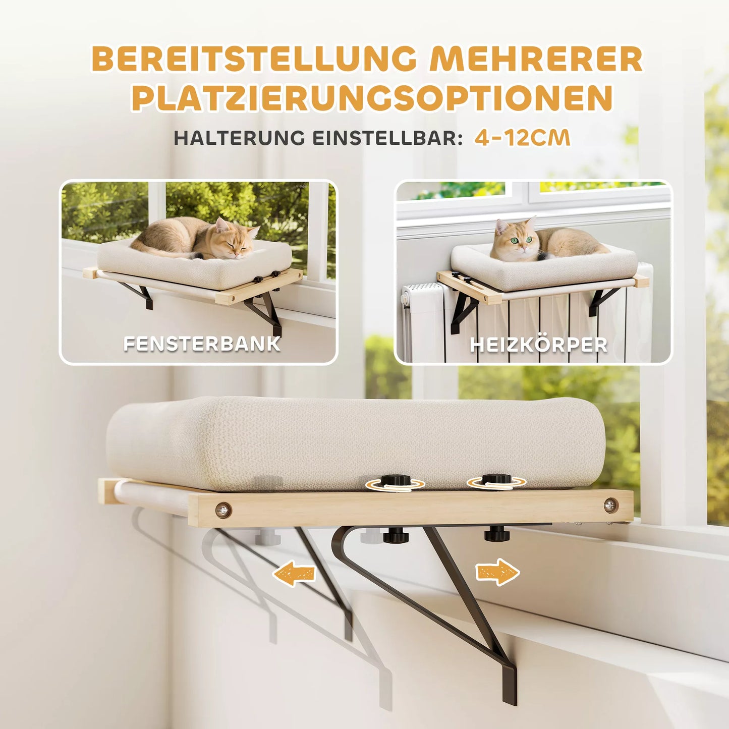 Kačių namelis su tvirtinimu ant palangių ir radiatorių, su pagalvėle, mediniu rėmu, baltas