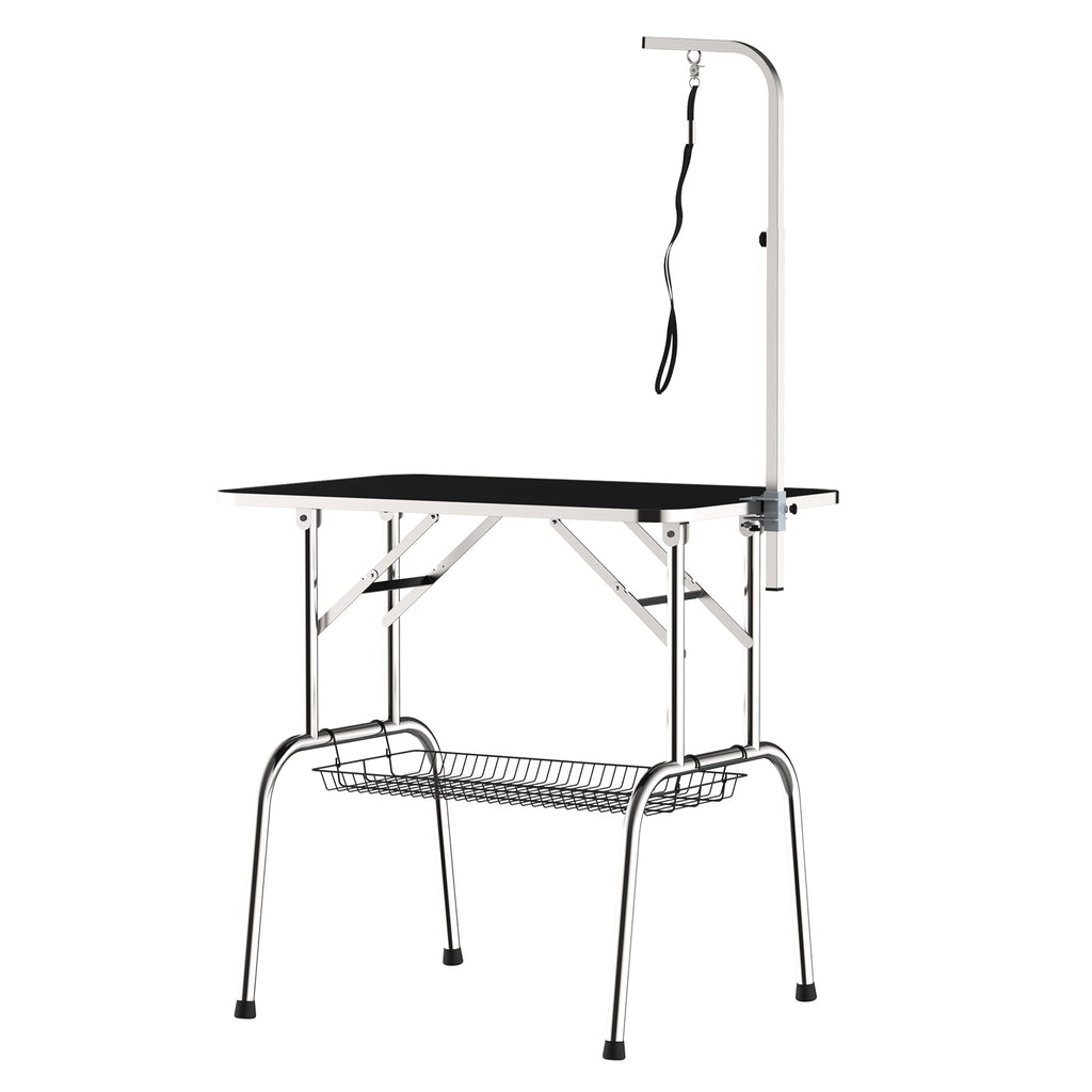 Kirpimo stalas šunims 90x60x75 cm, sulankstomas, su pasukamu laikikliu ir tinkline lentynėle, iki 150 kg, juodas